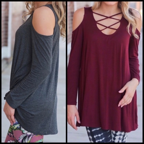 Infinity Raine Charcoal and Wine Cold Shoulder Tops - Picture 1 of 2